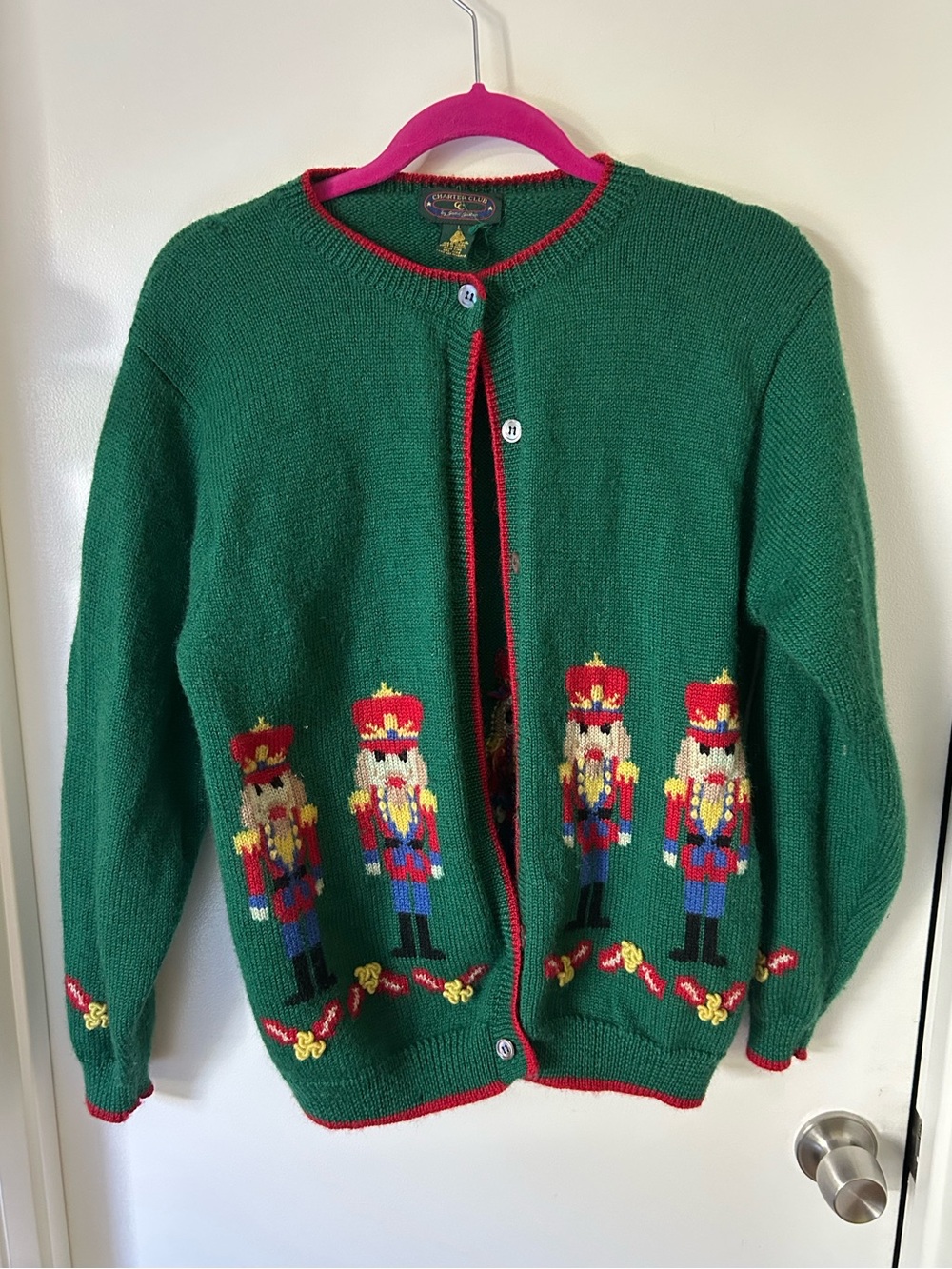 Charter Club Green Cardigan Sweater with Red Trim and Nutcracker Motif-vintage
